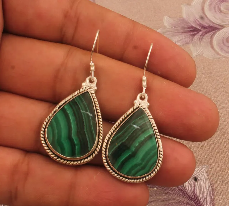 Groene Malachiet Oorbellen 925 Sterling Zilveren Oorbellen Dames Oorbellen Cadeau Voor Haar Lange Oorbellen Handgemaakte Oorbellen Verjaardagscadeau