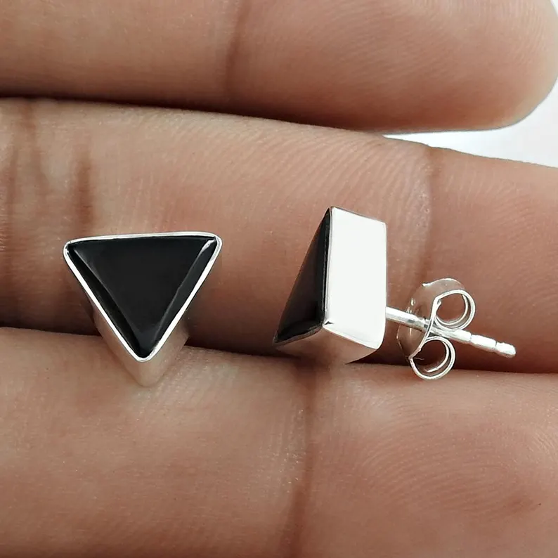 Schwarze Onyx Dreieck Ohrringe Dreieck Ohrstecker Schwarzer Stein Ohrring 925 Sterling Silber Ohrstecker