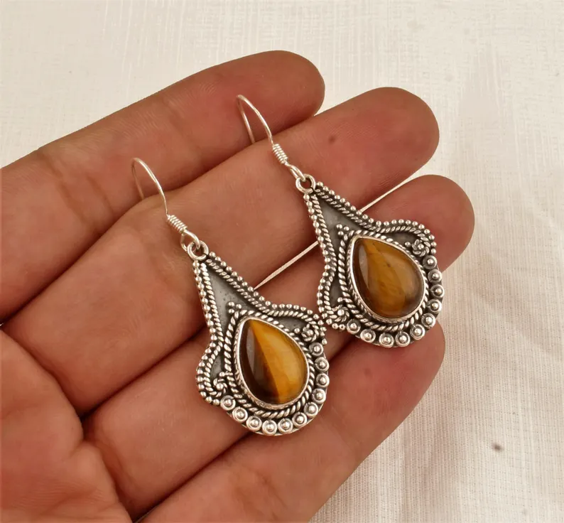 Mooie Tijgeroog Oorbellen Edelsteen Oorbellen 925 Sterling Zilver Handgemaakte Oorbellen Vintage Kunst Trouwcadeau Voor Haar