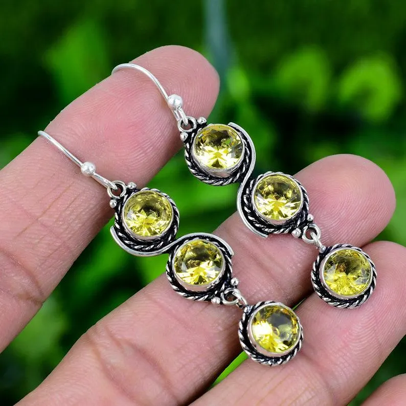 Citroenkwarts Edelsteen 925 Sterling Zilveren Oorbellen Dames Steen Massief Zilveren Oorbel Handgemaakte Boho Delicate Oorbel Cadeau Voor Haar