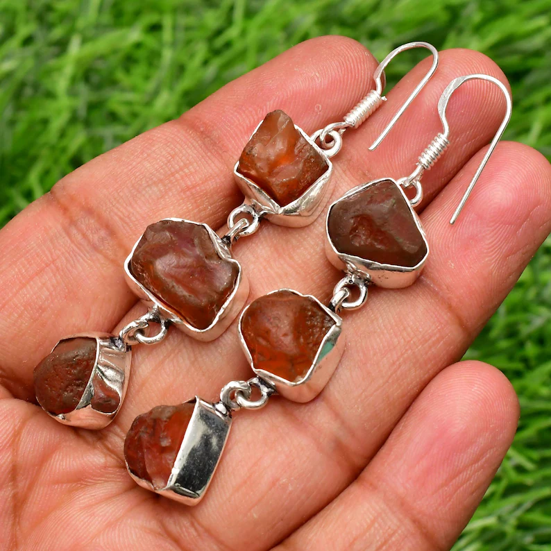Natürliche Karneol 925 Sterling Silber Roh Ohrringe Geschenk für Sie Handgemachte Ohrringe Hängeohrringe Für Frauen Alltägliche Statement Ohrringe