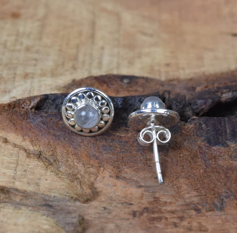 Rosa Rosenquarz 925 Sterling Silber Ohrstecker Runde Edelstein Ohrstecker Designer Ohrstecker Januar Geburtsstein Geschenk für Ehefrau & Sie