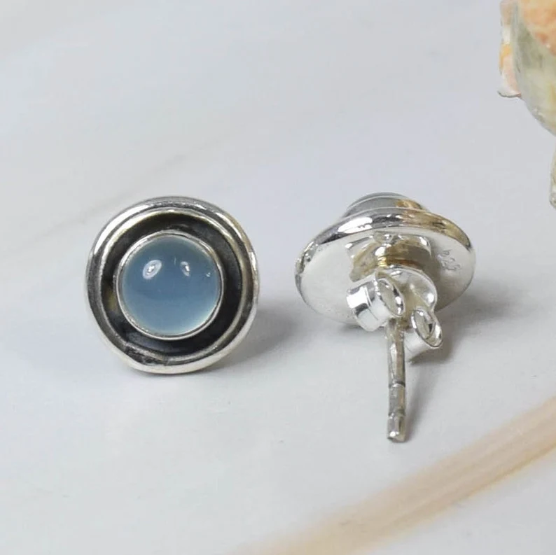 Aquamarin Chalcedon 925 Sterling Silber Edelstein Ohrstecker Handgemachter Schmuck Runde Form März Geburtsstein Geschenk zum Geburtstag