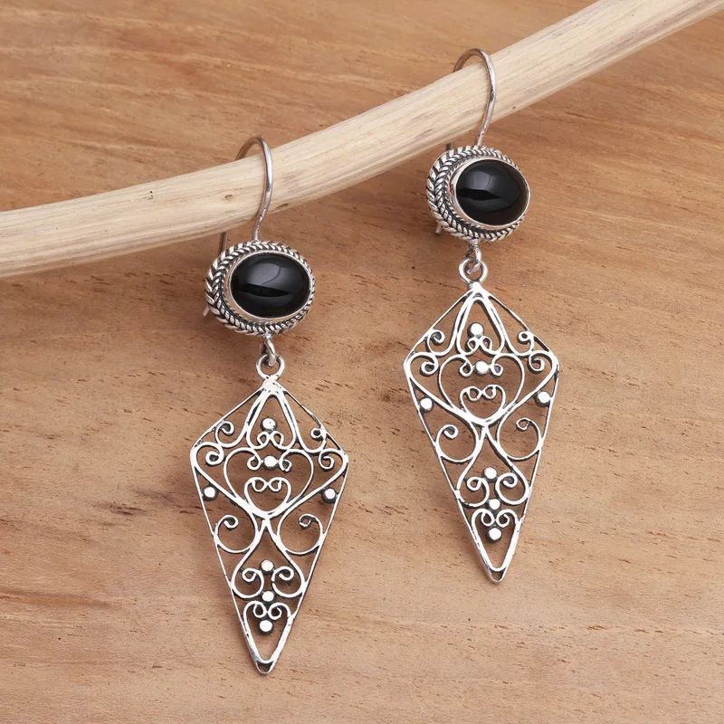 Ohrringe für Damen aus Sterlingsilber und schwarzem Onyx in Drachenform, handgemachte Ohrringe, Geschenke für Mama und sie