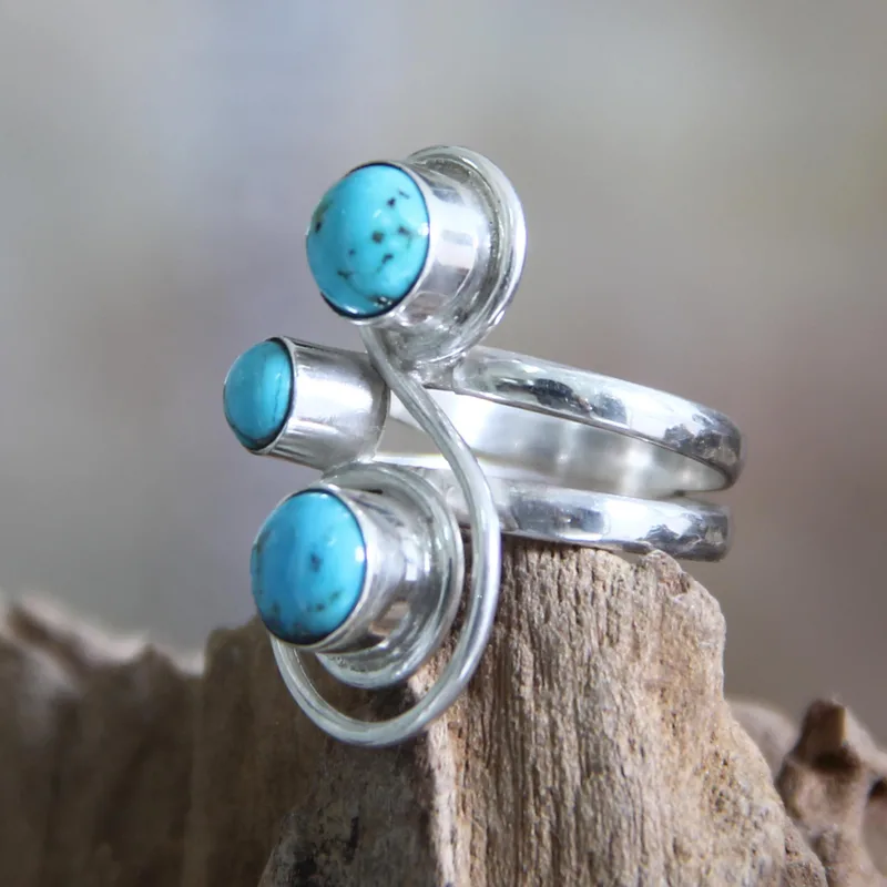 Ocean Melody Turquoise Ring Handmade Women Ring 925 Sterling Silver Bohemian Blue Stone Ring Gift For Her