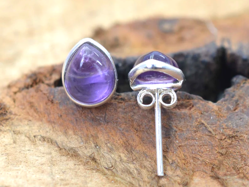 Birnenförmiger lila Amethyst Edelstein Ohrstecker 925 Sterling Silber Februar Geburtsstein Handgemachter Schmuck 925 Silber Ohrstecker