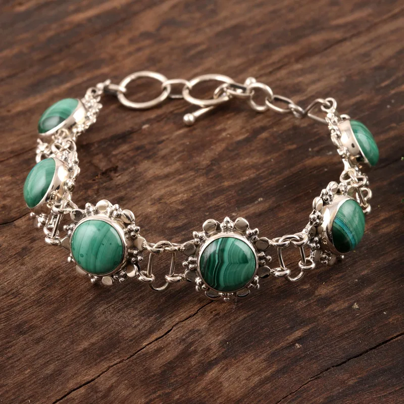 Blumenarmband aus 925er Sterlingsilber und Malachit, böhmischer Schmuck, bezaubernder Schmuck, Valentinstagsgeschenk für Sie und Mama