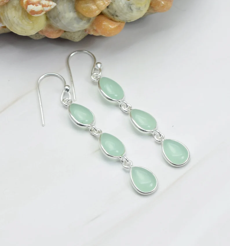 Aqua Chalcedon 925 Sterling Silber Edelstein Haken Ohrringe Tropfenform Schmuck Handgemachter Schmuck Geburtstagsgeschenk Für Sie