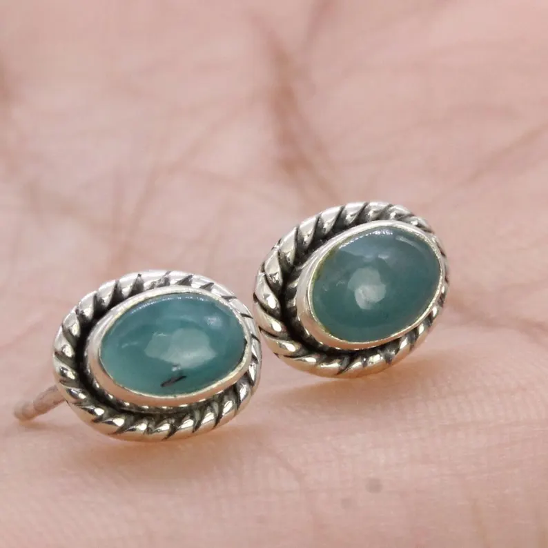 Larimar-Edelstein-Ohrstecker, massive 925er Sterlingsilber-Ohrstecker, Alltagsohrringe, Geschenk für Sie