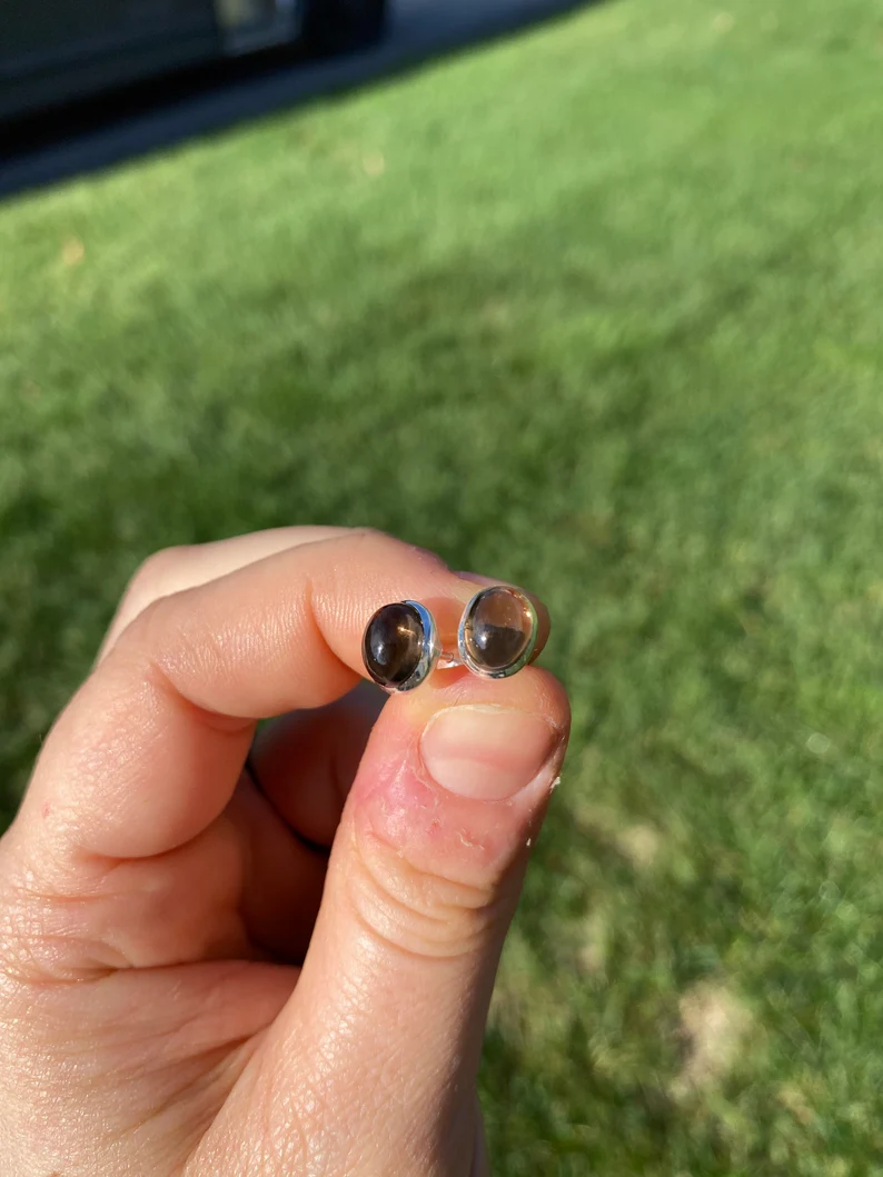 Oval Smoky Quartz Studs Earrings 925 Sterling Silver Trendy Gift For Her Women Minimalist Gemstone Jewelry Gift For Her