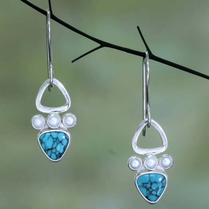 Natürliche Dreieck Türkis Hängeohrringe 925 Sterling Silber Handgemachter Böhmischer Edelsteinschmuck Geschenk für Sie & Mama