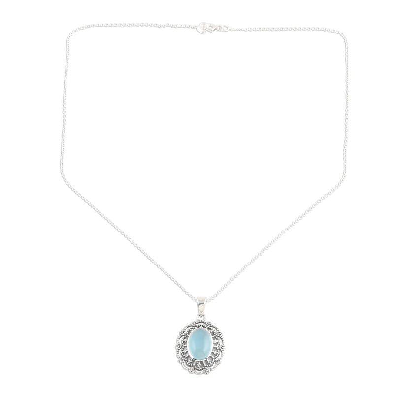 Aqua-Chalcedon Cabochon Sterling Silber Anhänger Halskette Handgefertigte Zierliche Halsketten Böhmischer Schmuck Geschenk Für Sie