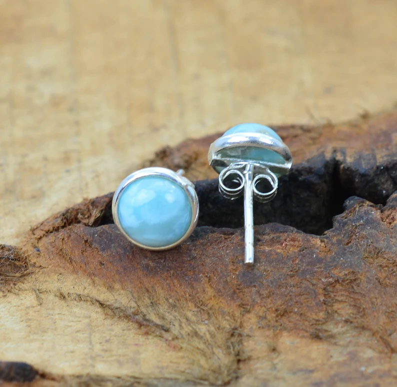 Blauer Larimar 925 Sterling Silber handgemachter Ohrstecker natürlicher Edelstein handgemachter Schmuck Geschenk zum Geburtstag