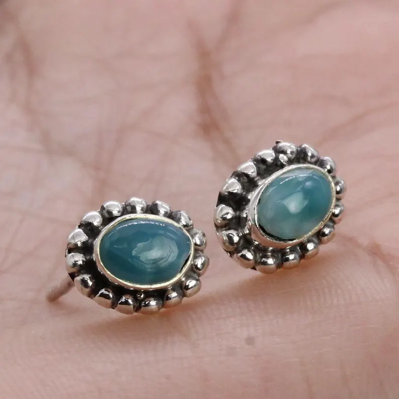 Massive 925 Sterling Silber Ohrstecker Larimar Edelstein Ohrringe Alltagsschmuck Geschenk Für Sie