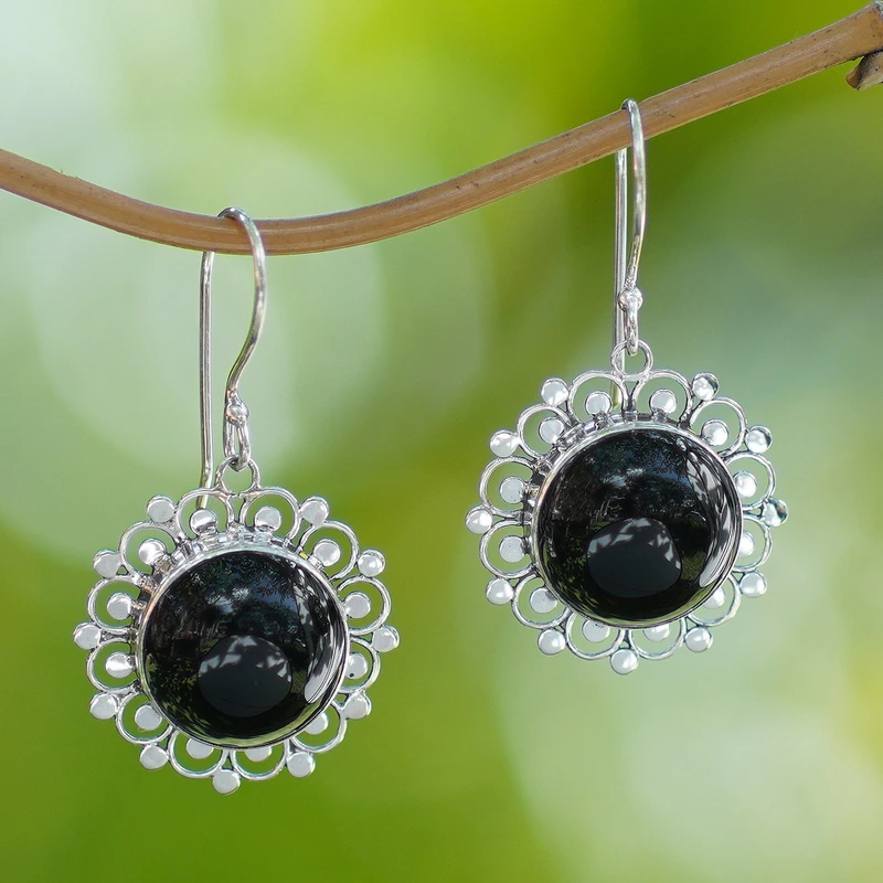 Blumen Sterling Silber Onyx Ohrhänger Frauen handgemachte Ohrringe Geschenke für Mama & Sie Böhmischer Schmuck