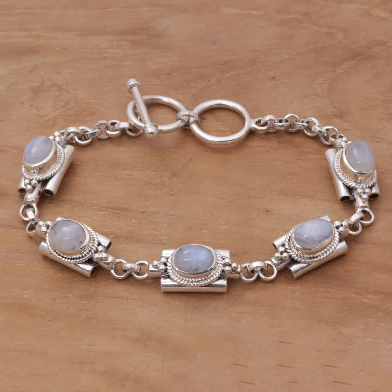 Misty Domes 925 Sterling Silber Regenbogen Mondstein Gliederarmband Geburtstagsgeschenk für Mädchen Charmanter Schmuck Valentinstagsgeschenk für Sie