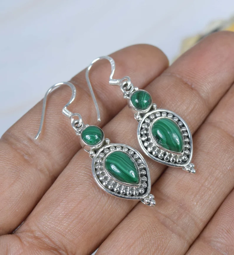 Grüne Malachit 925 Sterling Silber Edelstein Haken Ohrringe Eleganter Ohrring Tropfen Ohrring Handgemachter Schmuck Geschenk Für Frauen