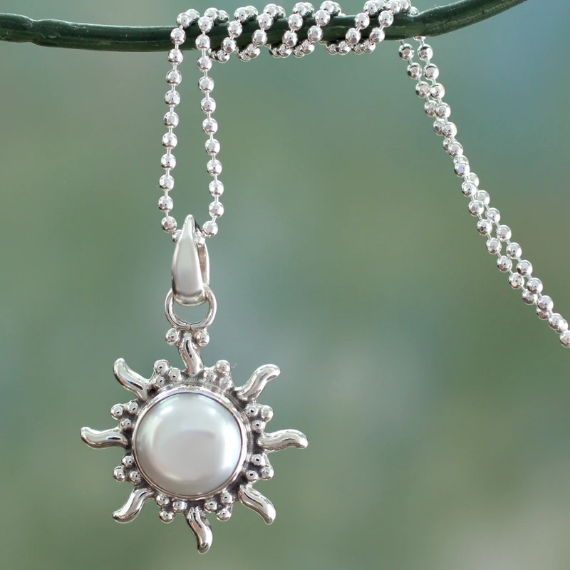 Perlenkette Sonne und Mond Sterling Silber Anhänger Süßwasserperle Schmuck Handgemachter Schmuck Boho Halskette Geschenk für Sie