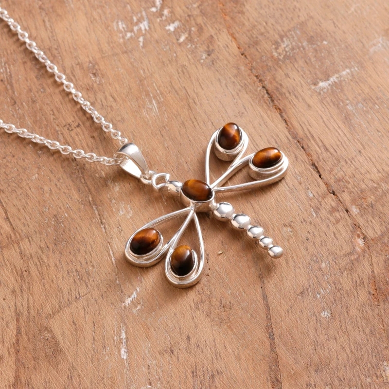 Braune Libellen-Tigerauge-Anhänger-Halskette Echte Edelsteinkette 925 Sterling Silber Böhmischer Schmuck Geschenk für Sie