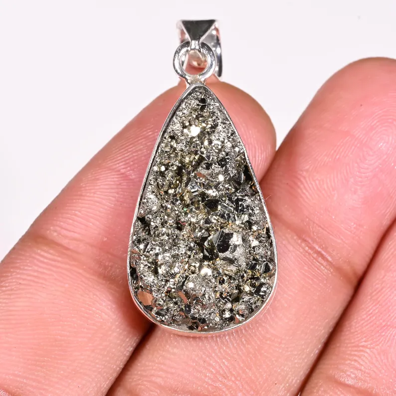 Pyrit-Anhänger Pyrit-Druzy-Edelstein-Anhänger Silberanhänger Damen Zierliche Halskette Handgefertigter Silber-Pyrit-Schmuck Geburtstagsgeschenk für sie
