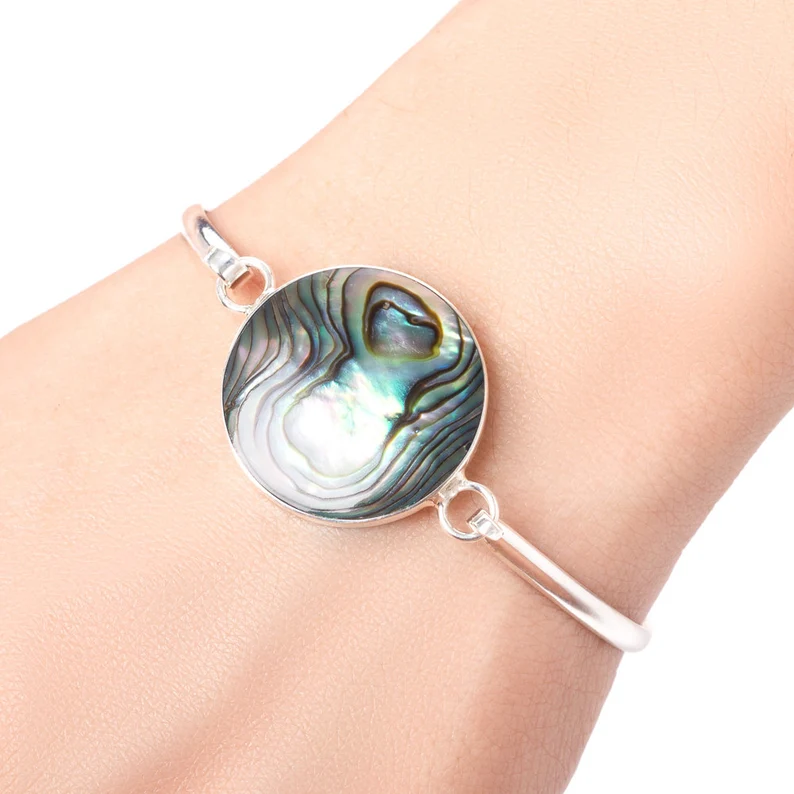 Natural Green Abalone Shell Round Shape Bangle Bracelet 925 Sterling Silver Boho Dainty Jewelry Gift For Her