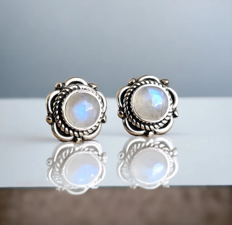Runde florale Ohrstecker Regenbogen Mondstein Ohrstecker 925 Sterling Silber handgemachte Mondstein Ohrringe Mondstein Ohrstecker Geschenkidee
