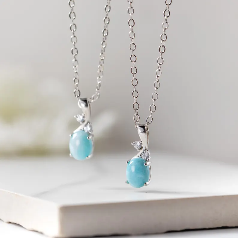 Larimar-Anhänger-Halskette Minimalistische Larimar-Edelsteinkette Blaue Larimar-Halskette Weihnachtsgeschenk für Mutter Sterling-Silber-Halskette