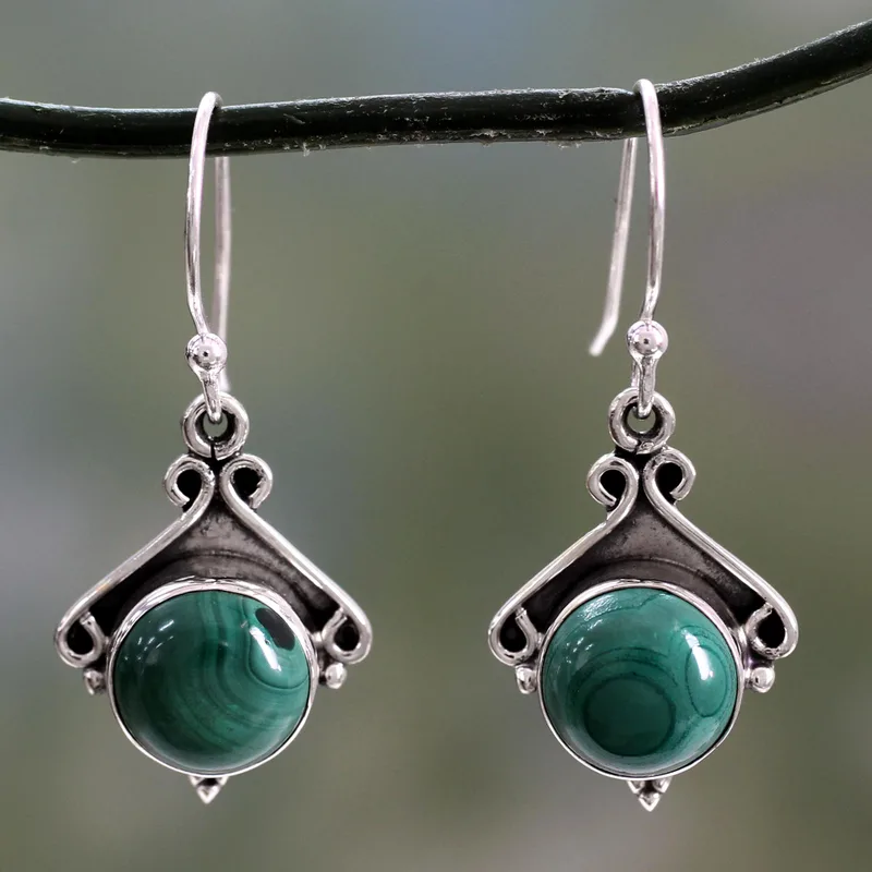 Forest Charm 925 Sterling Silver and Malachite Dangle Earrings Elegant Earring Round Shape Earring Handmade Jewelry Gift For Her