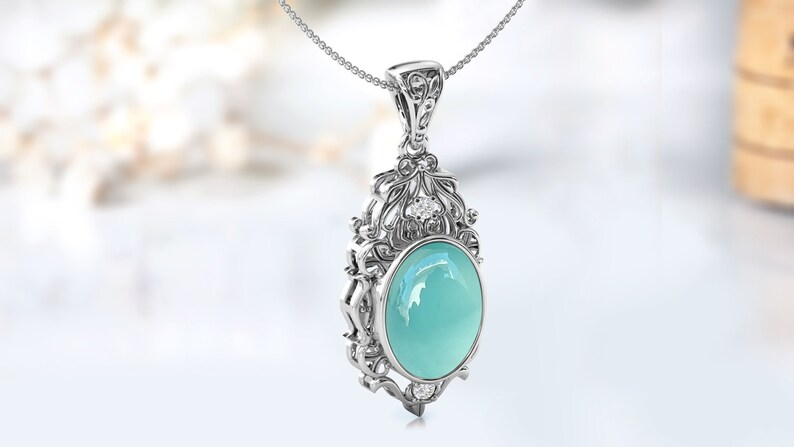 Natürlicher Aqua-Chalcedon-Anhänger für Frauen 925 Sterling Silber Aqua-Chalcedon-Filigran-Design-Halskette Einzigartiger handgefertigter Anhänger als Geschenk für sie