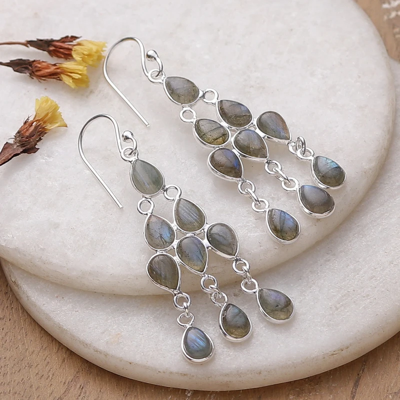 Natürliche Labradorit Cabochon Kronleuchter Ohrringe 925 Sterling Silber Edelstein Ohrringe Labradorit Schmuck Geschenk Für Sie