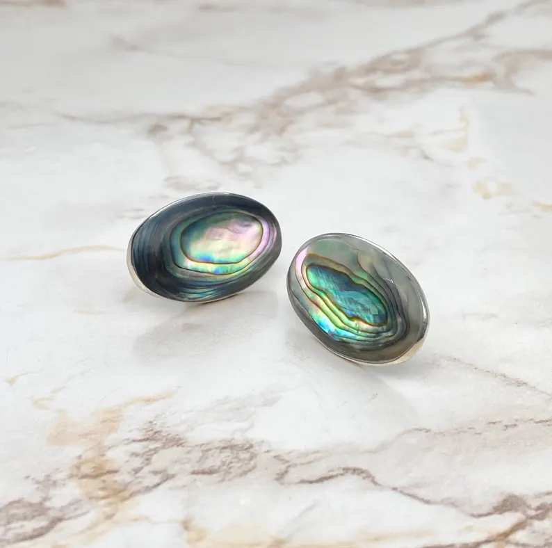 Large Vintage Oval Abalone Shell Gemstone Studs Earrings Abalone Shell Earrings Handmade Boho Jewelry Gift For Her