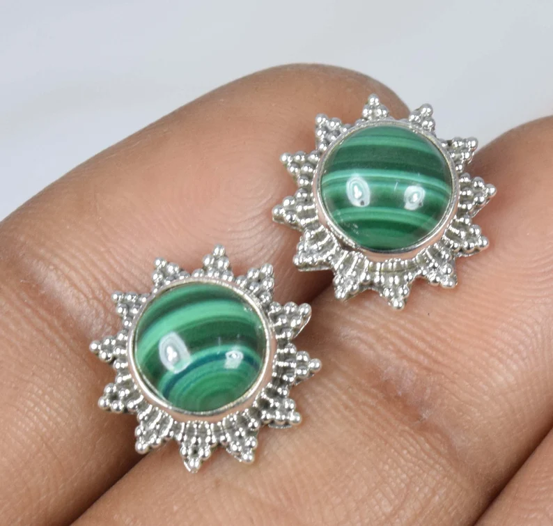 Green Malachite 925 Sterling Silver Round Gemstone Flower Designer Stud Earring April Month Birthstone Handmade Jewelry Gift For Birthday
