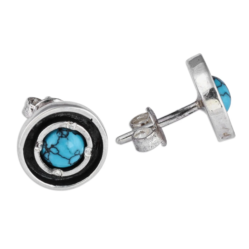 925 Sterling Silber Runde Türkis Ohrstecker Türkisschmuck Handgemachter Böhmischer Schmuck Geschenk für Sie