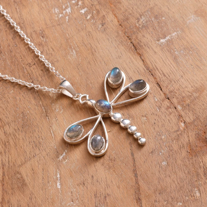 Libellen-Halskette mit Labradorit-Anhänger, 925 Sterling Silber Halskette, Labradorit-Schmuck, blaue Blitz-Labradorit-Halskette für Frauen, Brautjungfern-Halskette