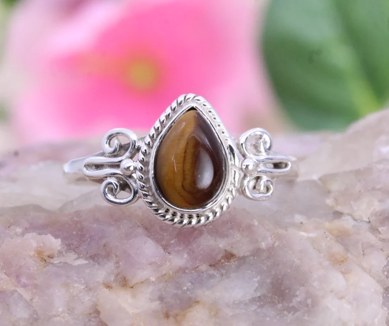 Eleganter Tigerauge Ring Edelstein Ring Gelber Bandring 925 Sterlingsilber Hochzeitsgeschenk Ring für die Liebe