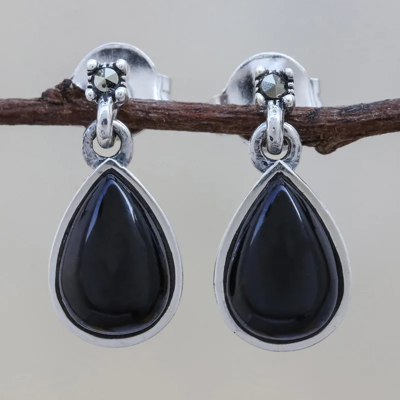 Tropfenförmige schwarze Onyx-Ohrhänger 925 Sterling Silber Damen handgefertigte Ohrringe Geschenke für Mama & Sie