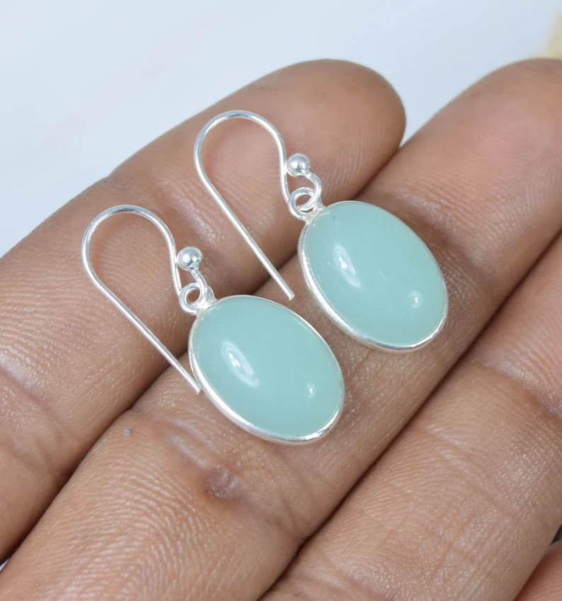 Aquamarin Chalcedon 925 Sterling Silber Edelstein Haken Ohrring Einfacher Ohrring Ovale Form Schmuck Handgemachter Schmuck Geschenk Für Sie