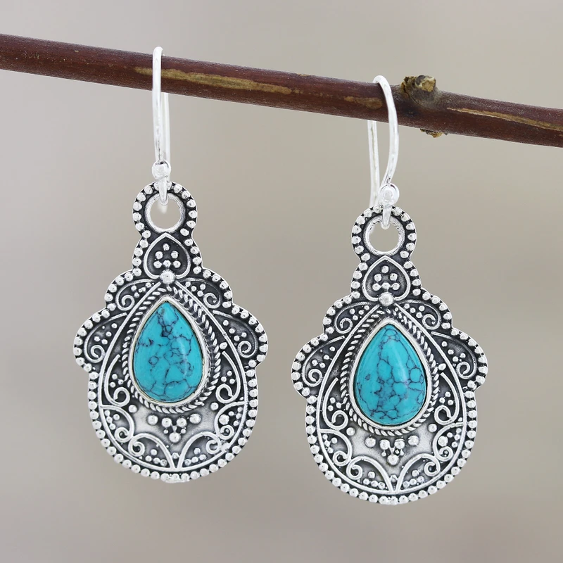 Oxidierte Silber 925 Sterling Silber Birne Türkis Ohrhänger Boho Zierliche Edelstein Ohrringe Handgemachter Schmuck 925 Silber Geschenk für Sie