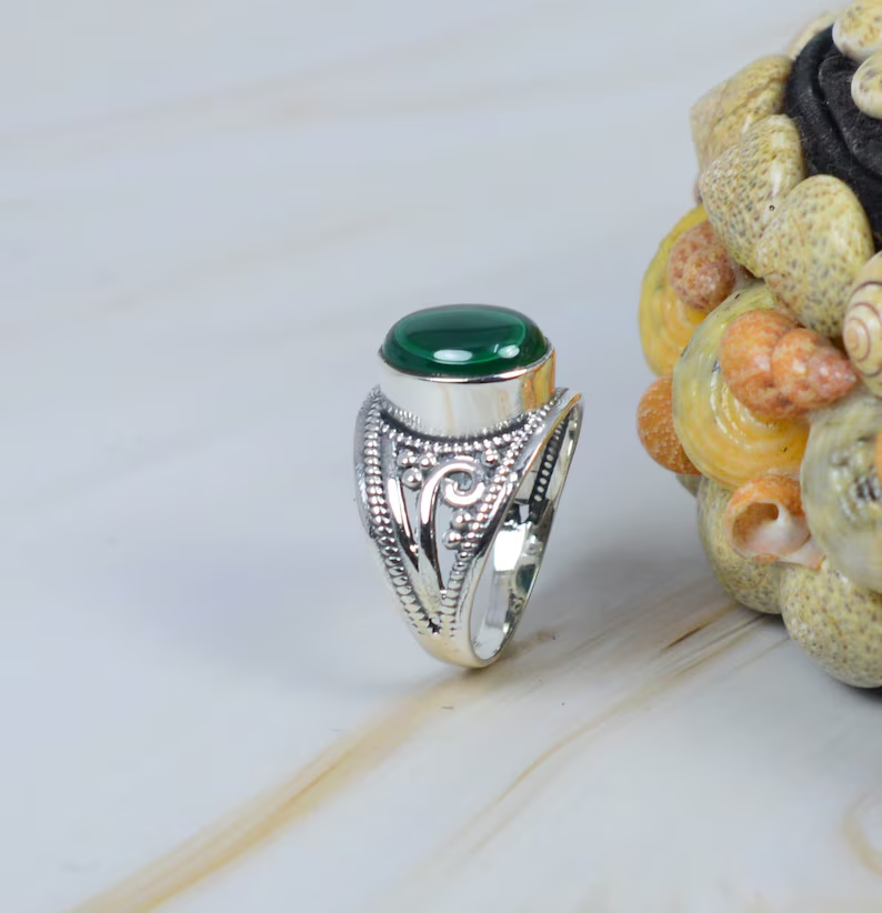 Grüner Malachit 925 Sterling Silber Edelstein Ring Designer Ring Ovale Form Handgemachter Ring Grüner Malachit Silberring Geschenk für Sie