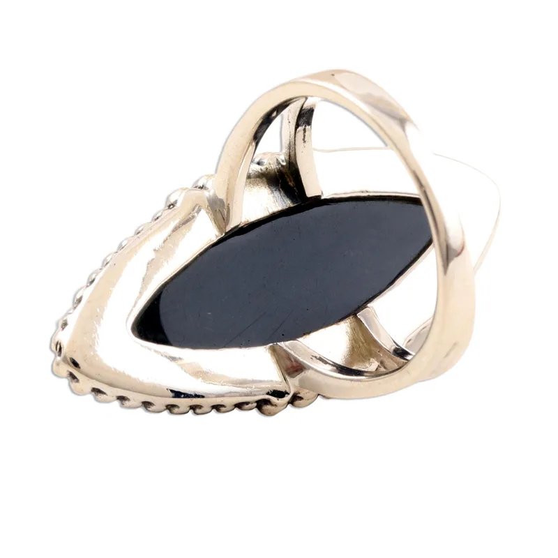 Marquise-Lünette Schwarzer Onyx Cabochon Cocktailring 925 Sterling Silber Statement Ring Handgefertigter Ring Damen Silberring Geschenk für Sie