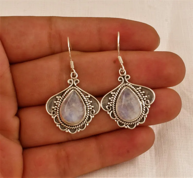 Regenbogen Mondstein Ohrringe 925 Sterling Silber Ohrringe Baumeln & Tropfen Ohrringe Handgemachte Wunderschöne Designer Silberohrringe Geschenk für Sie