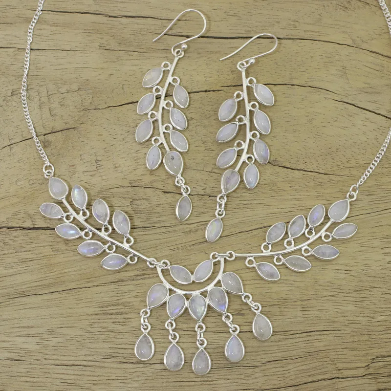Blatt-Design Regenbogen-Mondstein-Anhänger- & Ohrring-Schmuckset 925 Sterling Silber Handgefertigter Bohemian-Schmuck Jubiläumsgeschenk für sie