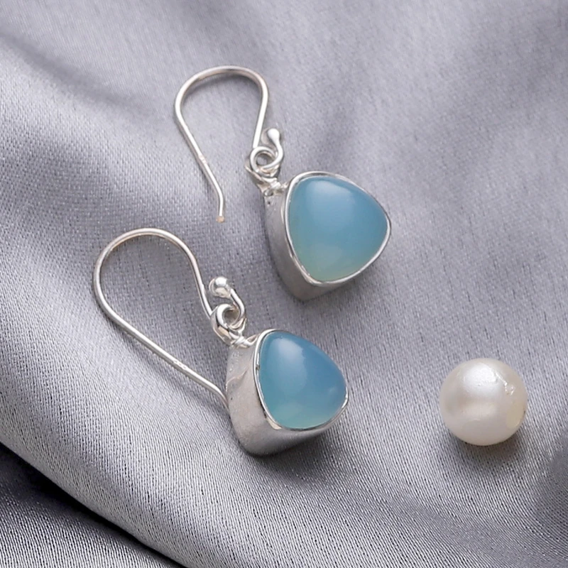 Glänzende Pyramiden Aqua Chalcedon Ohrhänger 925 Sterlingsilber Edelstein Ohrring Handgemachter Schmuck Geschenk zum Geburtstag