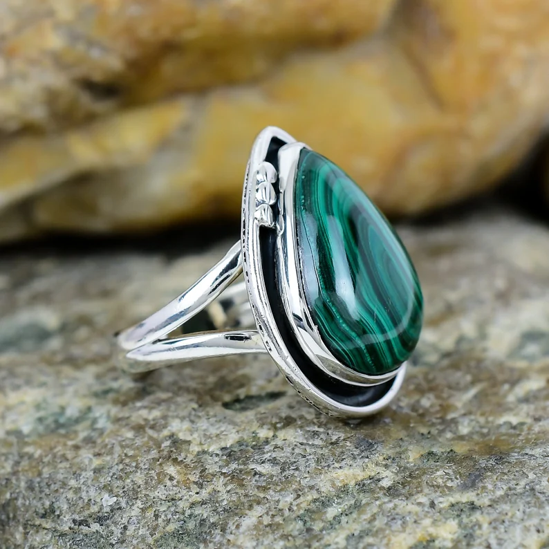 925 Sterlingsilberring Malachitring Großer Birnenring Damen Cocktailring Ehering Malachitschmuck