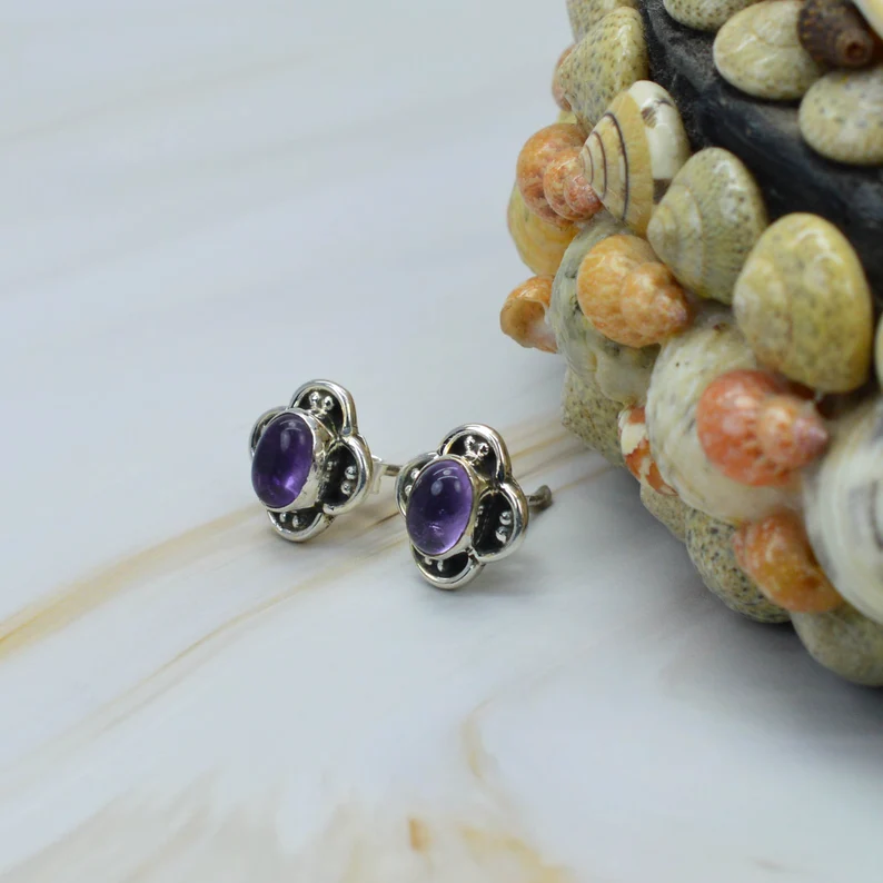 Paarse Amethist 925 Sterling Zilveren Oorknopjes Edelsteen Designer Oorbellen Cadeau Voor Jubileum