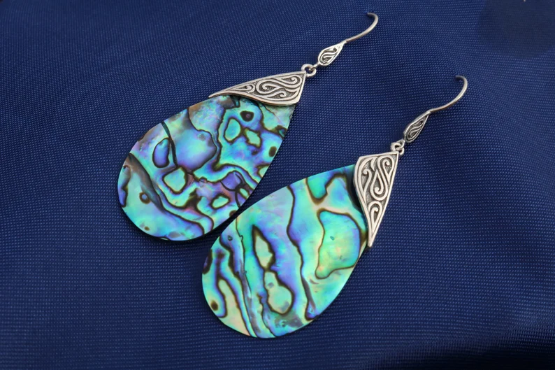 Abalone Muschel Ohrringe Tropfen Tribal Design Sterling Silber Edelstein Ohrring Tropfenförmiger Edelstein Ohrring 925 Sterling Silber Ohrring Weihnachten
