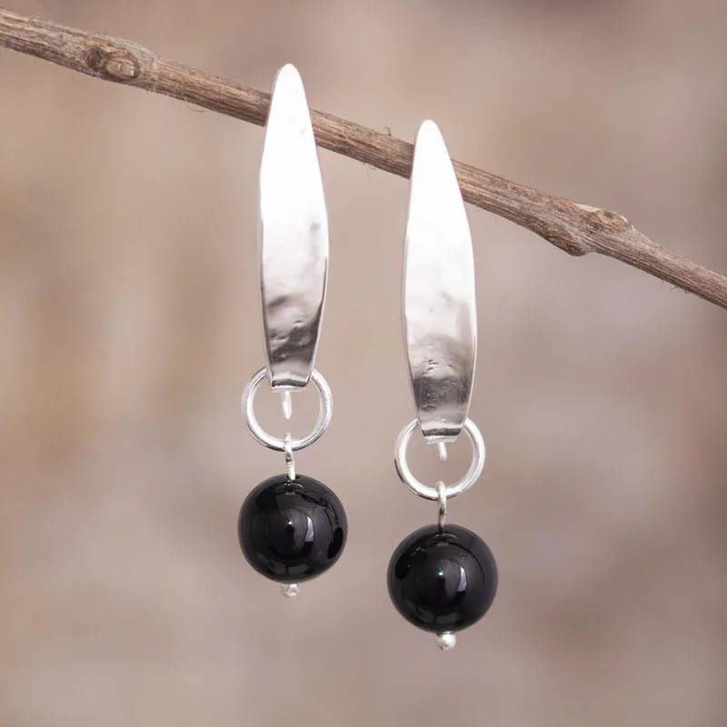 Natürlicher schwarzer Onyx Kugel Edelstein Silber Ohrring 925 Sterling Silber Damen handgemachte Ohrringe Geschenke für Mama & Sie