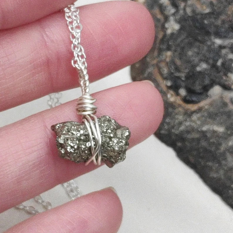 Raw Pyrite Necklace Wire Wrapped Crystal Pendant Rough Pyrite Cubes Cluster Women Jewelry Gift for Girlfriend