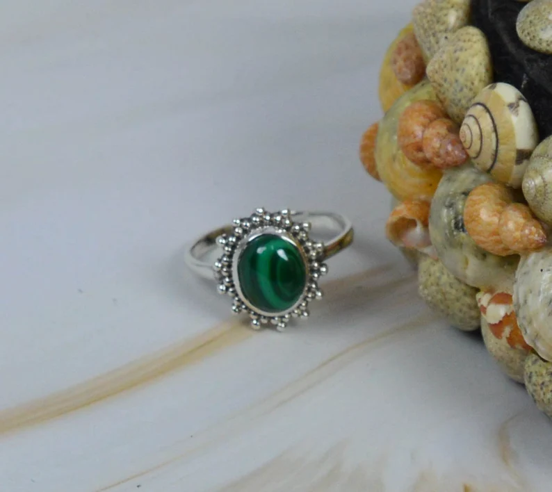Malachit Oval Edelsteinring 925 Sterling Silber Handgemachter böhmischer Schmuck Statement Ring Geschenk für Sie