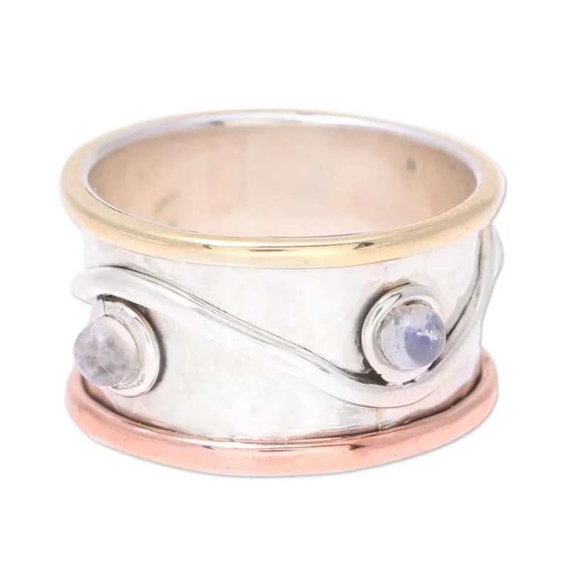 Regenbogenmondstein Gehämmerter Bandring 925 Sterling Silber Cocktailring Zierlicher Ring Edelsteinring Damenring Geschenk für sie